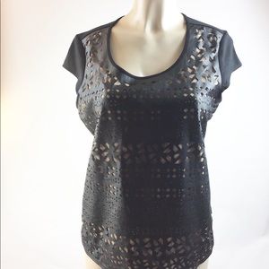 NY&Co Faux leather black laser cut blouse sz Medium